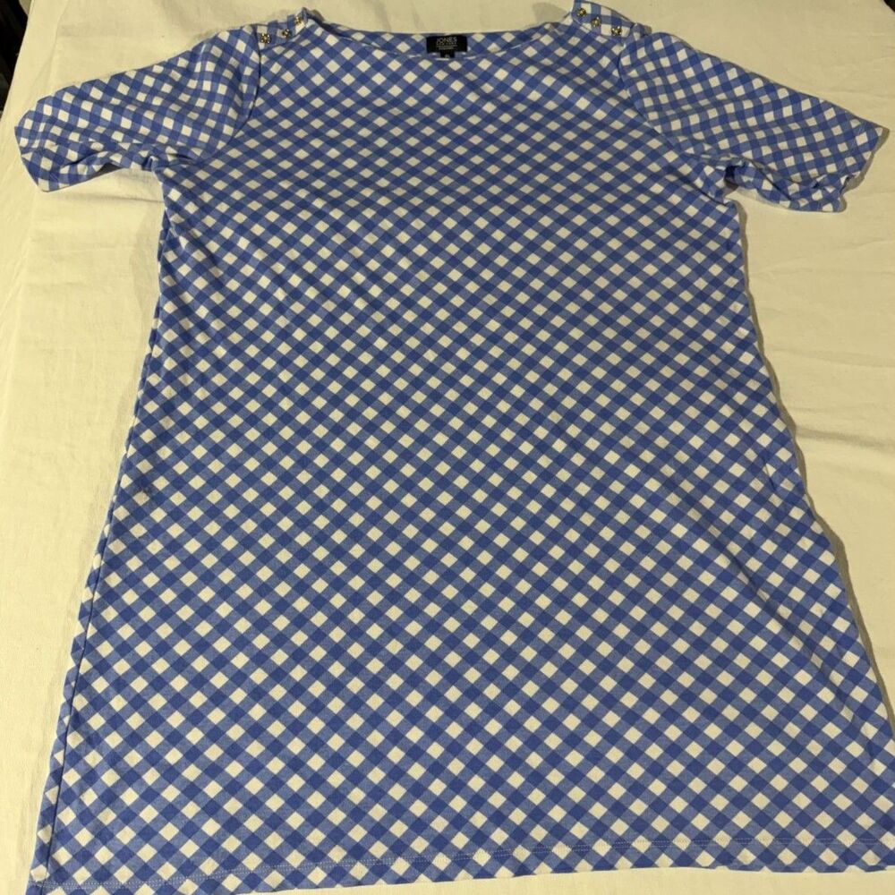 Jones New York Signature XL Blue Gingham Boat Neck Shift Dress Gold Buttons